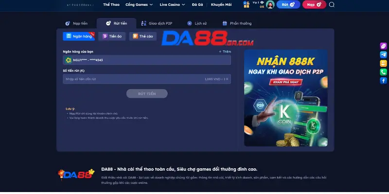 Rút tiền DA88 là gì?