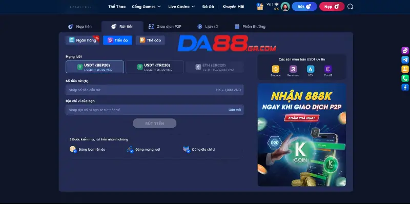 Tổng hợp các phương thức rút tiền tại DA88